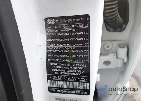 2012 Land Rover Range Rover Supercharged from USA, damaged, VIN SALMF1E48CA387325